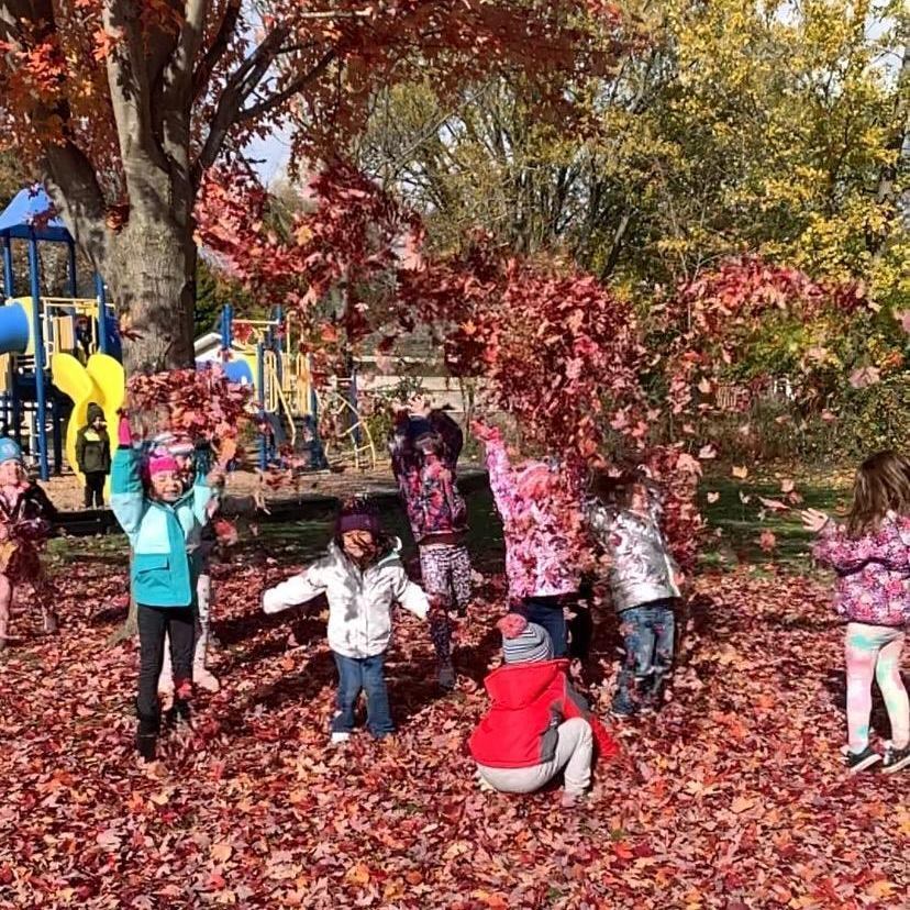 Students playing in leaves