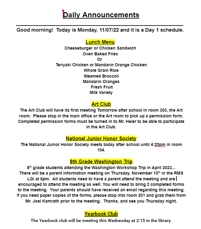Monday, 11/07/22  Daily Announcements