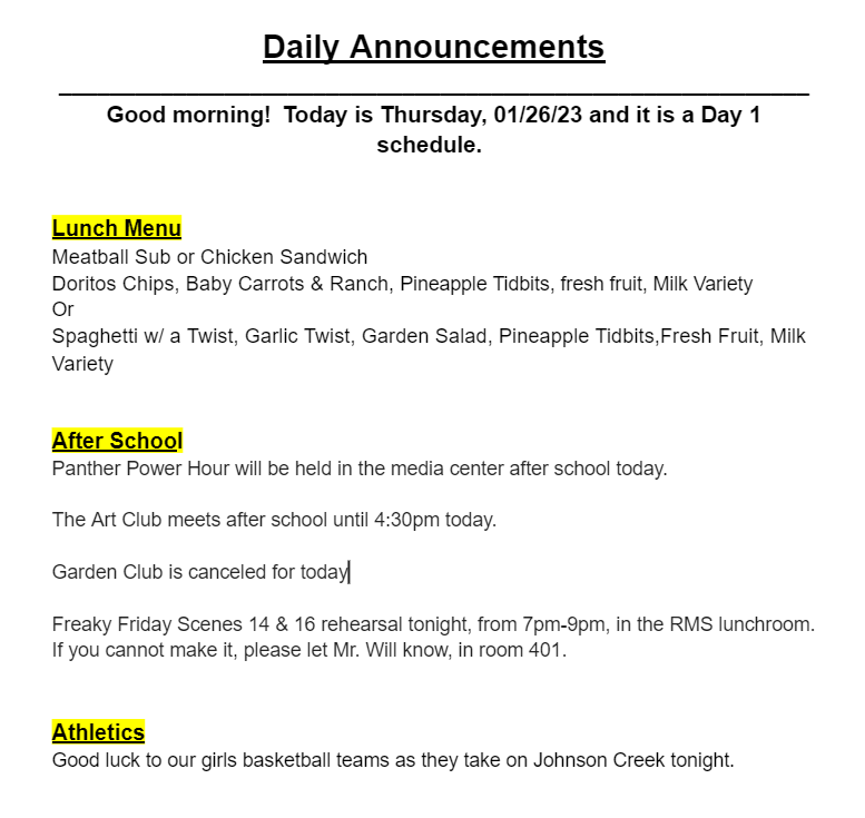 Daily Announcements Thursday, 01/26/23